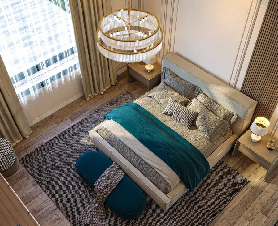 Blick von oben auf ein Bett im Schlafzimmer