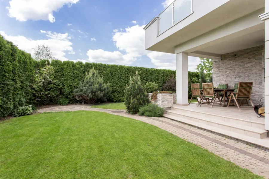 Ein moderner Garten mit grüner Hecke