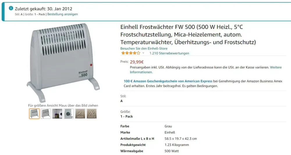 Einhell Frostwächter FW 500 bei Amazon bewertet