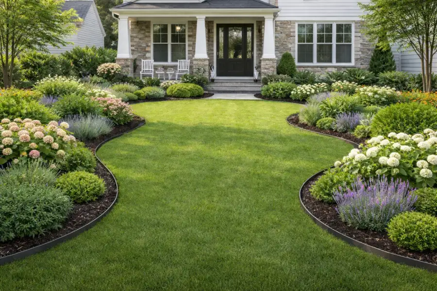 Mit Rasenkanten aus Metall eingefasster Rasen