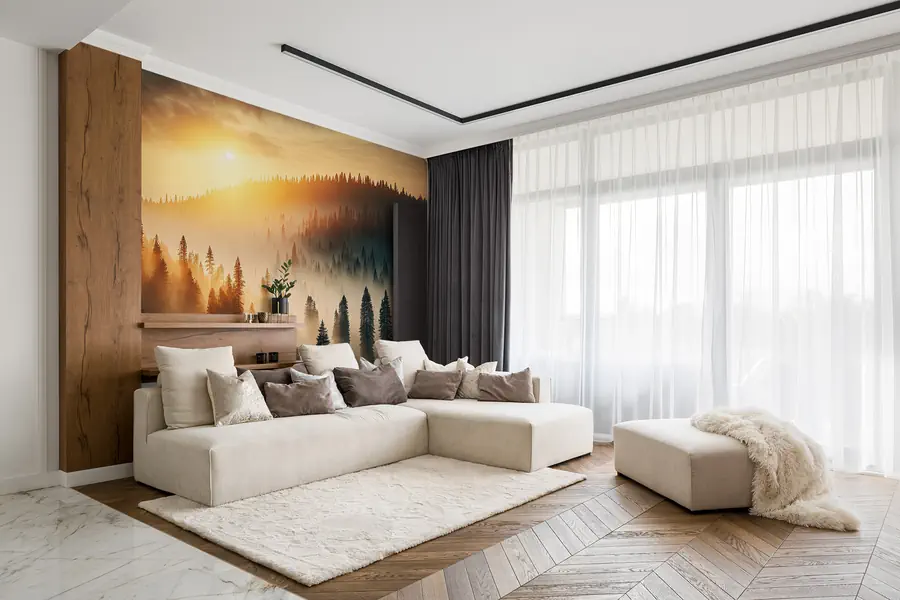 Vlies-Fototapete mit Waldlandschaft im Nebel im Wohnzimmer